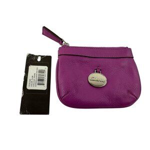 *New Clarks Leather Coin Purse Purple Plum Zipper Key Chain Credit Card Holder